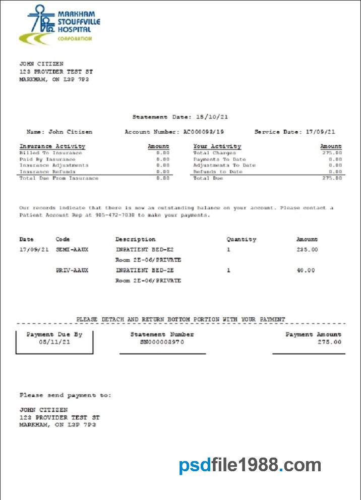 Canada Markham Stouffville Hospital Medical Insurance Statement